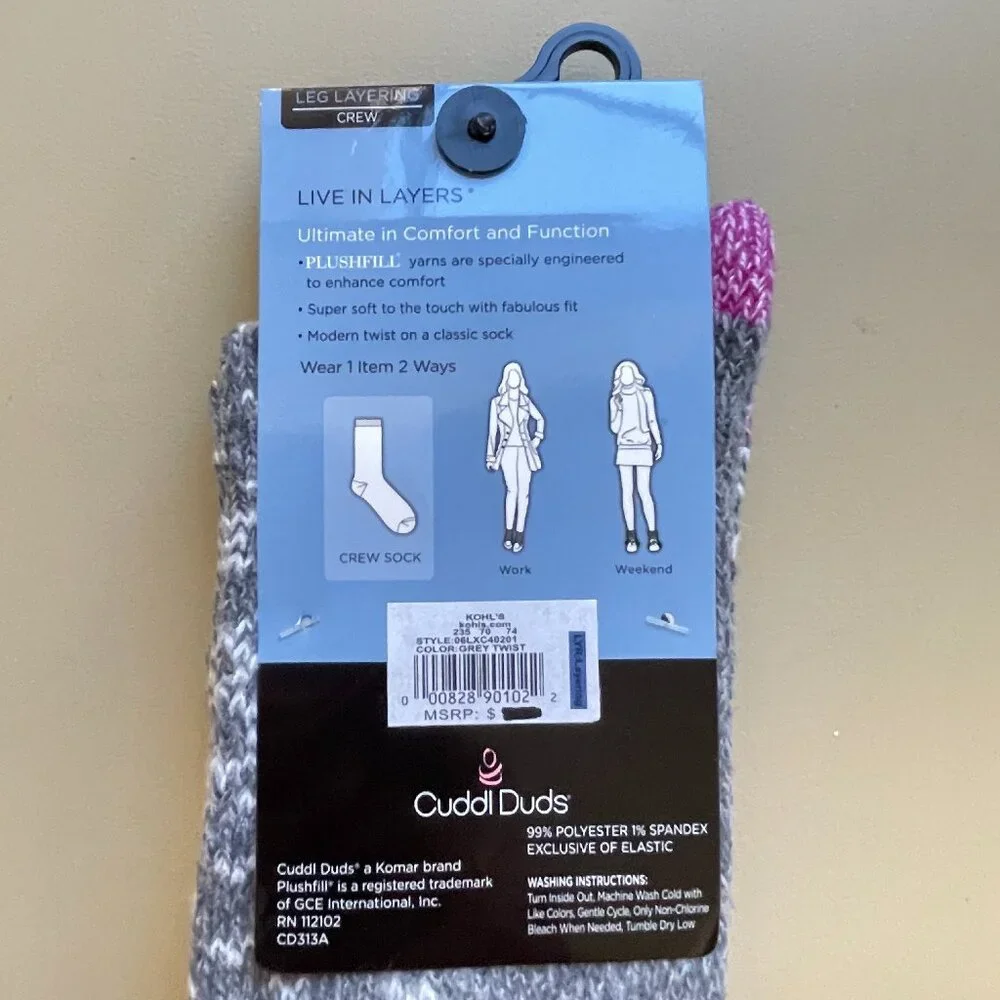 New Cuddl Duds Socks Plushfill 360 Leg Layering Crew Gray White Snowflake Twist